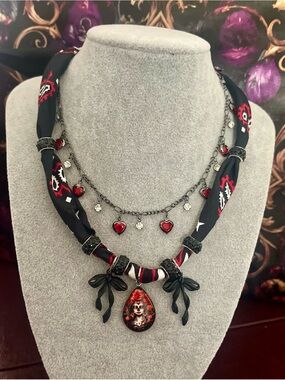 Bohemian Black & Red Day of the Dead Senorita Bandana Pendant Scarf & Chain